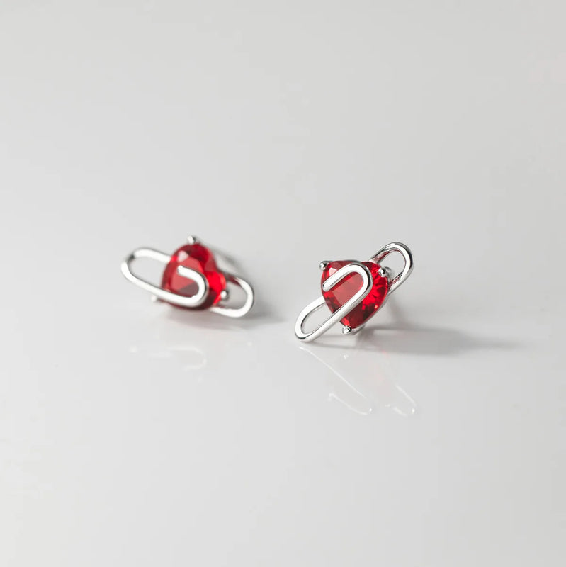 925 Silver Crystal Heart Paperclip Stud Earrings Wedding Jewelry Gift