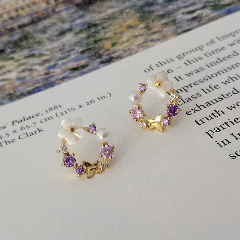 S925 Silver Zircon Flower Garland Leaf Women's Earrings