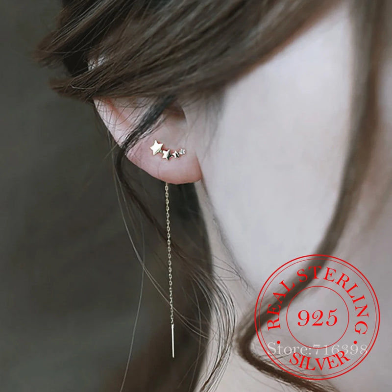 925 Silver Long Tassel Star Stud Earrings 14K Plated