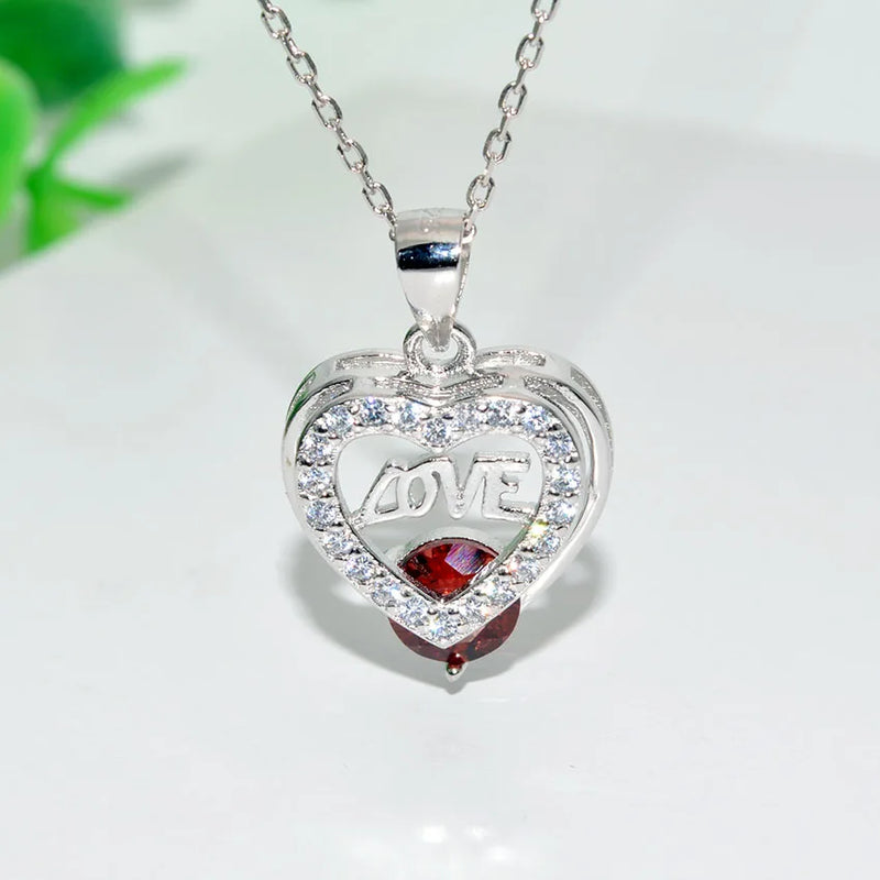 S925 Red Garnet Heart Pendant Necklace with 18'' Chain