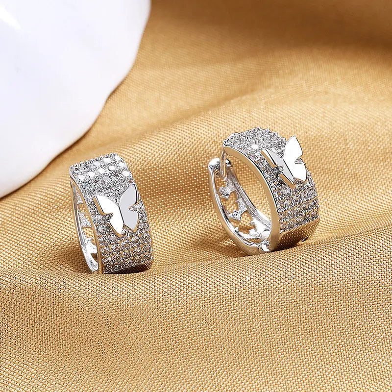 925 Sterling Silver Butterfly Zircon Hoop Earrings Women Wedding Gift