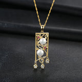 925 Silver Pearl Pendant Necklace Vintage Engraved Pattern Tassel Jewelry