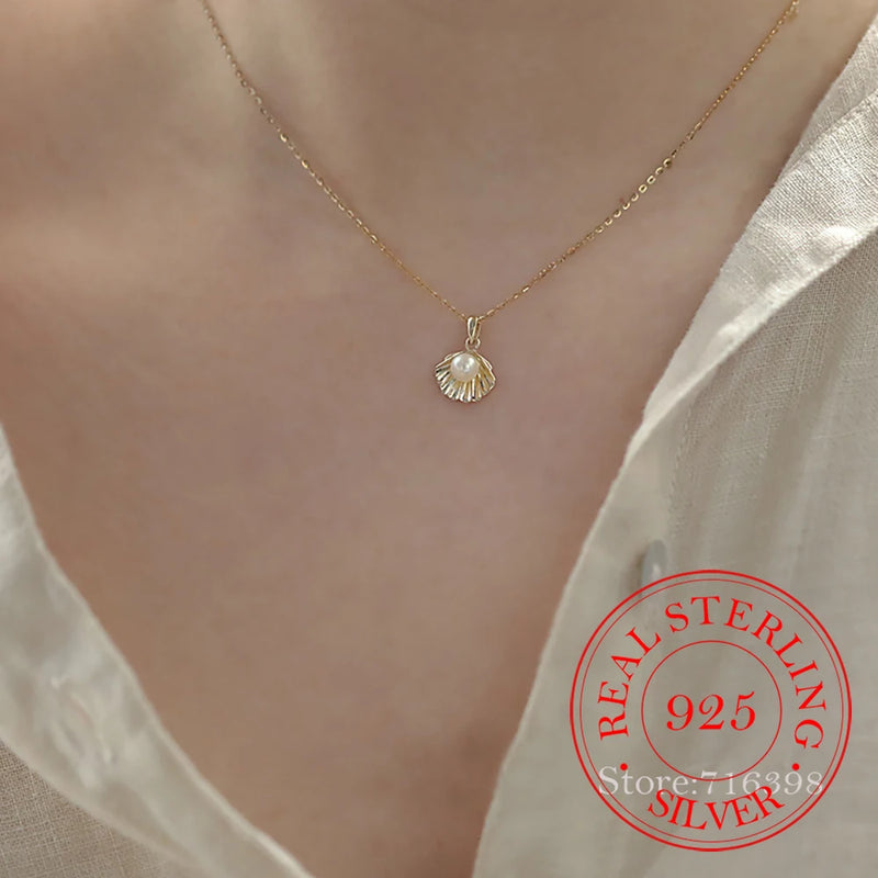 S925 Sterling Silver Pearl Shell Choker Necklace Pendant for Women
