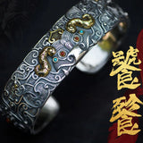 S925 Sterling Silver Men's Wide Taotie Bracelet Retro Bangle