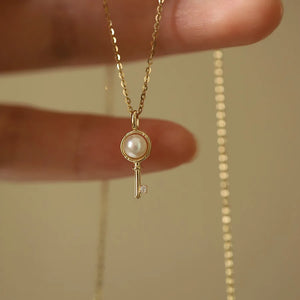 S925 Sterling Silver Key Necklace with Micro Zircon Pearl