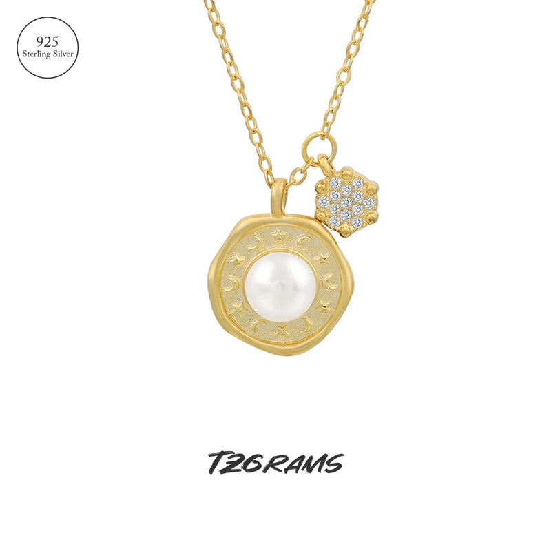 Moon & Star Pearl Necklace - Sterling Silver for Women