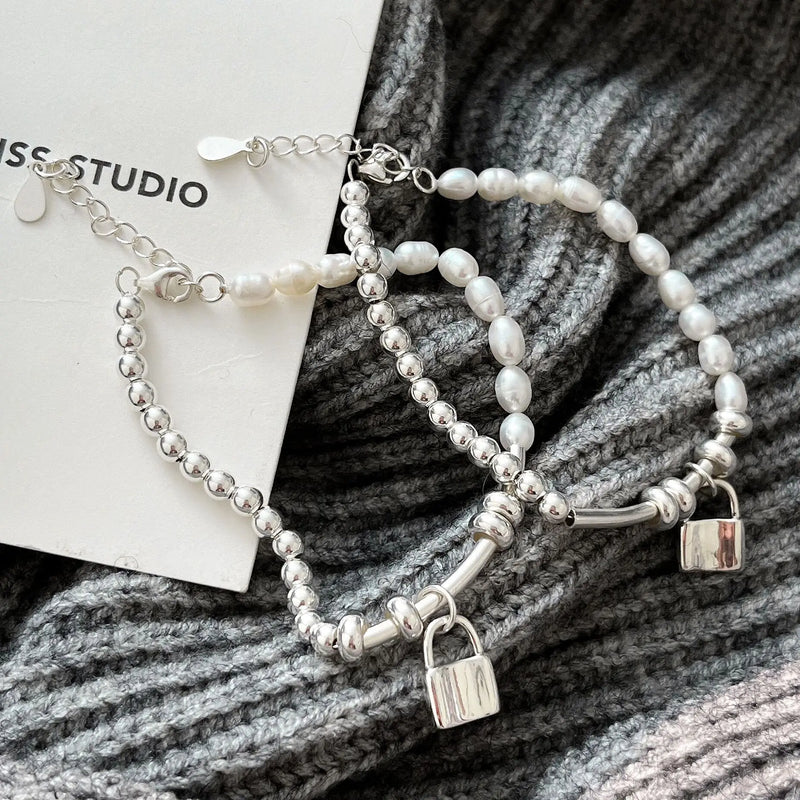 S925 Silver Baroque Pearl Bracelet Ball Bead Lock Bracelet
