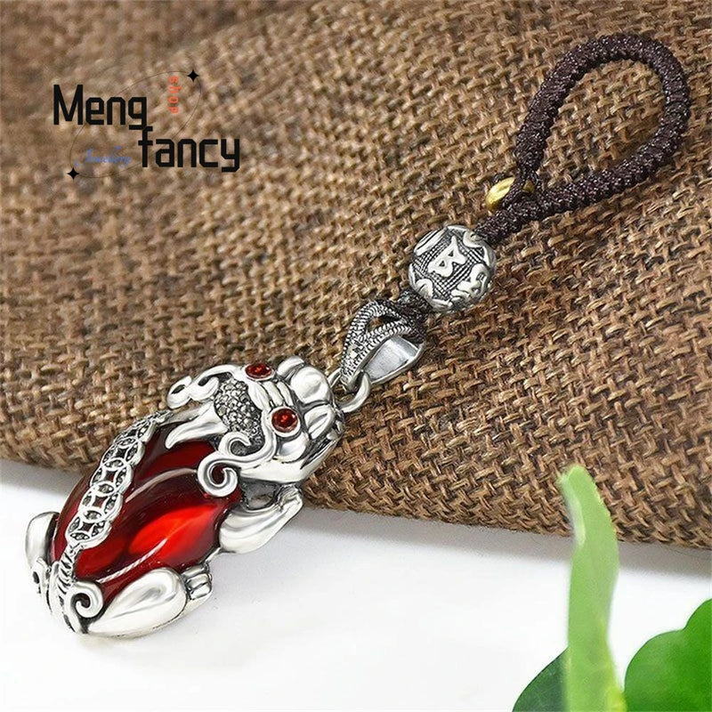 S925 Sterling Silver Garnet Pixiu Pendant Charms Keychain