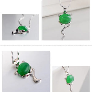 Sterling Silver Green Chalcedony Fox Pendant Necklace