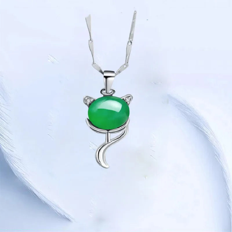 Sterling Silver Green Chalcedony Fox Pendant Necklace