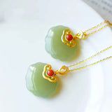 S925 Sterling Silver Hetian Gray Jade Longevity Lock Sweater Chain Necklace