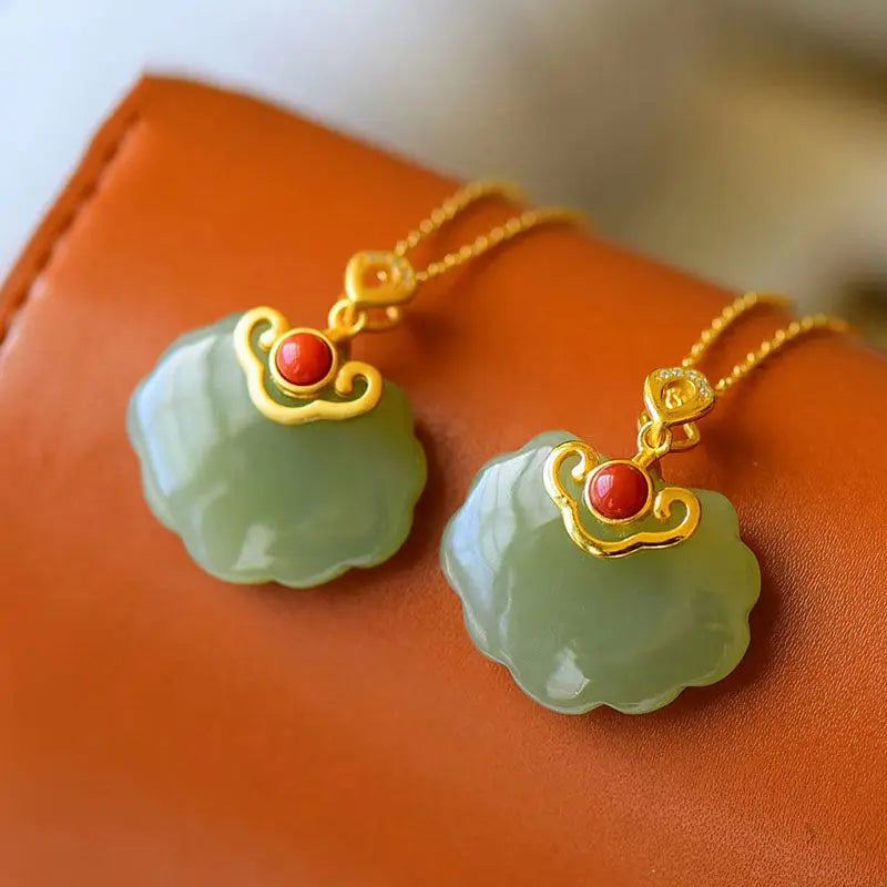 S925 Sterling Silver Hetian Gray Jade Longevity Lock Sweater Chain Necklace