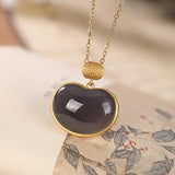 Sterling Silver Hetian Jade Gray Jade Ruyi Retro Necklace