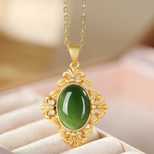 Sterling Silver Hetian Jade Pendant Baroque Retro Women's Necklace
