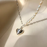 S925 Sterling Silver Pearl Heart Necklace Vintage Retro Jewelry Gift