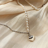 S925 Sterling Silver Pearl Heart Necklace Vintage Retro Jewelry Gift