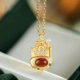 S925 Sterling Silver South Red Agate Dream Castle Pendant Necklace