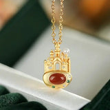 S925 Sterling Silver South Red Agate Dream Castle Pendant Necklace