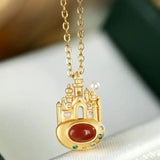 S925 Sterling Silver South Red Agate Dream Castle Pendant Necklace