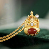 S925 Sterling Silver South Red Agate Dream Castle Pendant Necklace