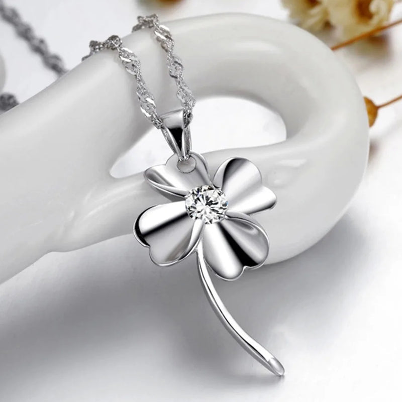 S925 Sterling Silver Necklace Crystal Zircon Lucky Clover Pendant