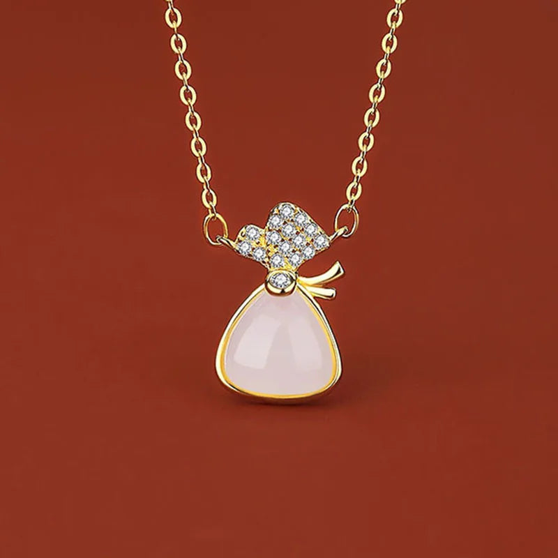 S925 Silver Necklace with Natural Hotan Jade Purse Pendant