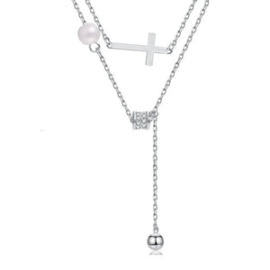 S925 Silver Necklace Pearl Double Layer Micro Zircon