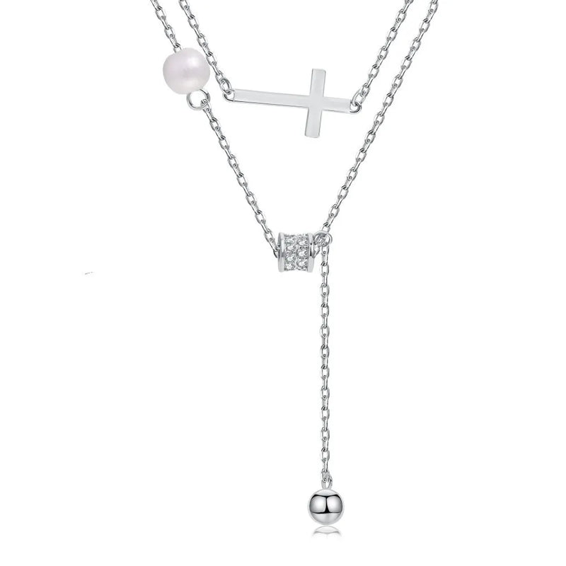 S925 Silver Necklace Pearl Double Layer Micro Zircon