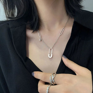 S925 Sterling Silver Paper Clip Pin Chain Necklace
