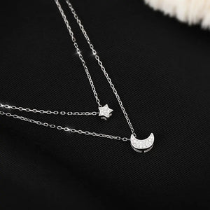 S925 Silver Necklace Star Moon Double Layer Chain