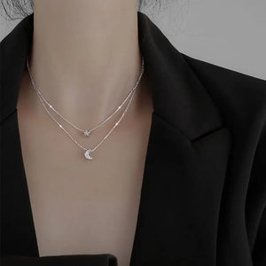S925 Silver Necklace Star Moon Double Layer Chain