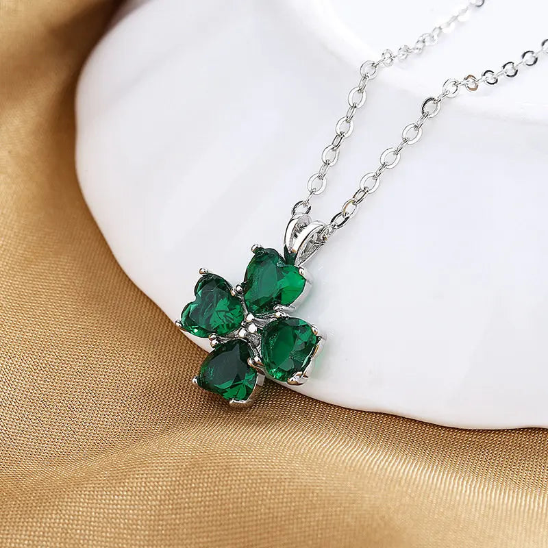 S925 Silver Lucky Clover Hearts Zircon Necklace 18 Inches Women Charm