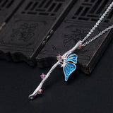 S925 Sterling Silver Butterfly Love Flower Pendant Necklace
