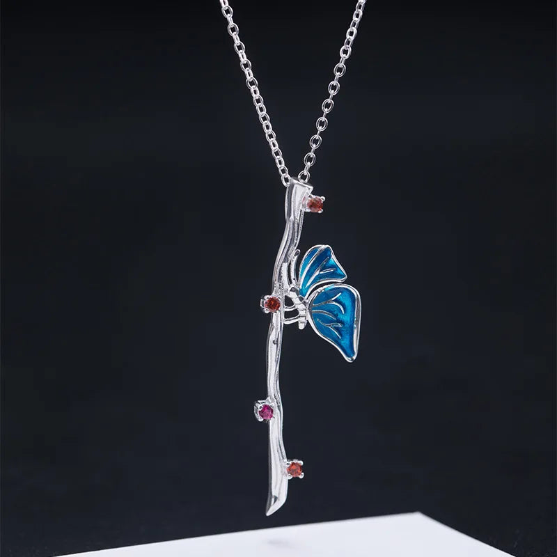 S925 Sterling Silver Butterfly Love Flower Pendant Necklace