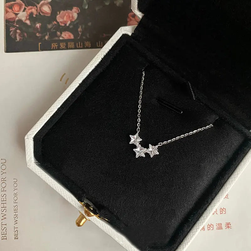 Sterling Silver O Chain Necklace with 3 Cubic Zirconia Stars