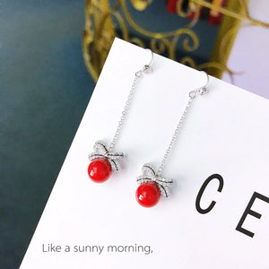 S925 Silver Tassel Dangle Earrings Crook Stud Ear Hook Zircon Bow Pearl