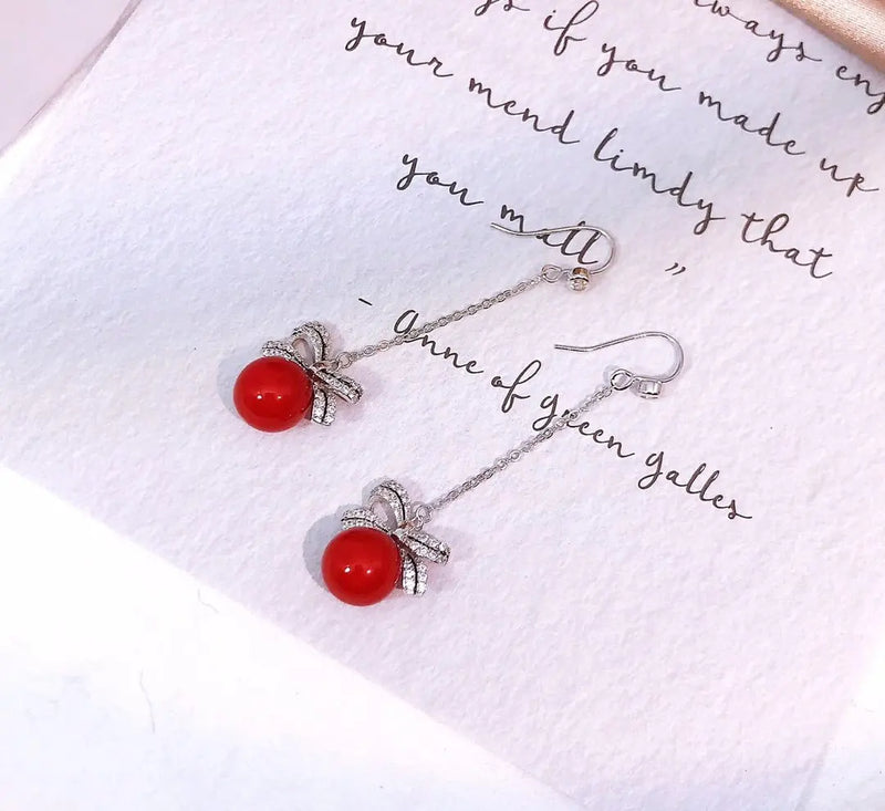 S925 Silver Tassel Dangle Earrings Crook Stud Ear Hook Zircon Bow Pearl