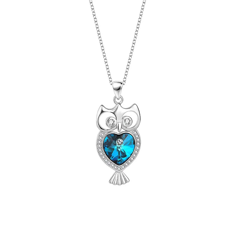 S925 Owl Crystal Pendant Necklace for Women, Retro Owl Girl's Necklace