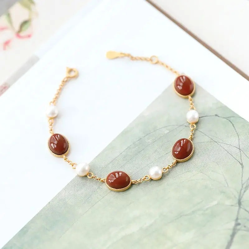 Sterling Silver Pearl Bracelet with Red Agate Hetian Jade for Women