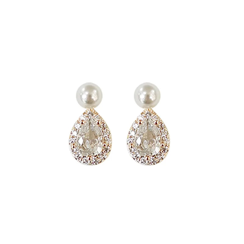 S925 Silver Pearl Earrings Water Drop Diamond Accent