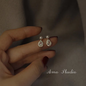 S925 Silver Pearl Earrings Water Drop Diamond Accent