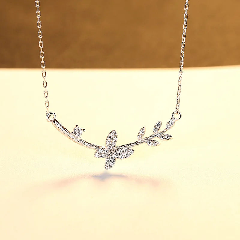S925 Silver Butterfly Pendant Necklace Zirconium Wedding Jewelry