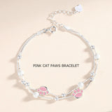 Silver Pink Cat Paw Bracelet for Girls Double Layer Box Chain Ball Bead