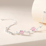 Silver Pink Cat Paw Bracelet for Girls Double Layer Box Chain Ball Bead