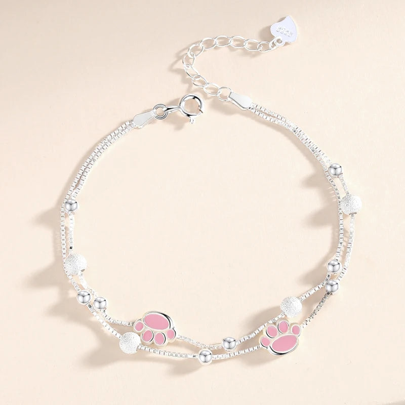Silver Pink Cat Paw Bracelet for Girls Double Layer Box Chain Ball Bead