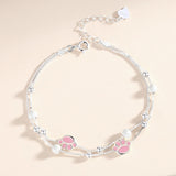 Silver Pink Cat Paw Bracelet for Girls Double Layer Box Chain Ball Bead