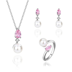 S925 Sterling Silver Pink Drops Earrings Necklace Ring Set