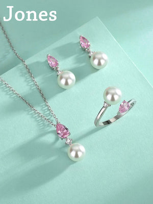 S925 Sterling Silver Pink Drops Earrings Necklace Ring Set