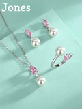 S925 Sterling Silver Pink Drops Earrings Necklace Ring Set