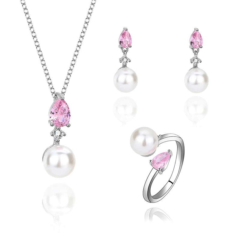 S925 Sterling Silver Pink Drops Earrings Necklace Ring Set